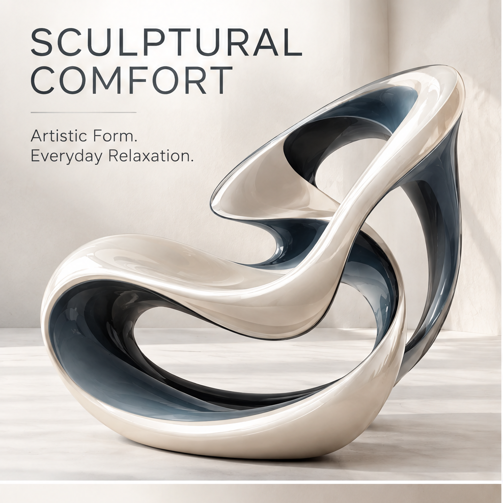 domivov® Sculptural Resin Lounge Chair – Cream & Slate Blue Glossy Accent Chair