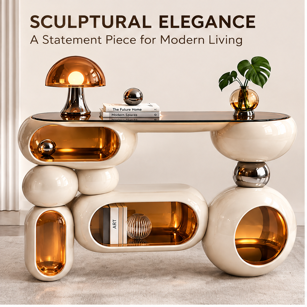 domivov® Ivory Sculptural Glass-Top Console Table