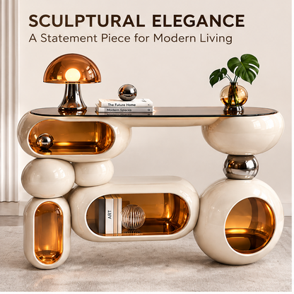 domivov® Ivory Sculptural Glass-Top Console Table