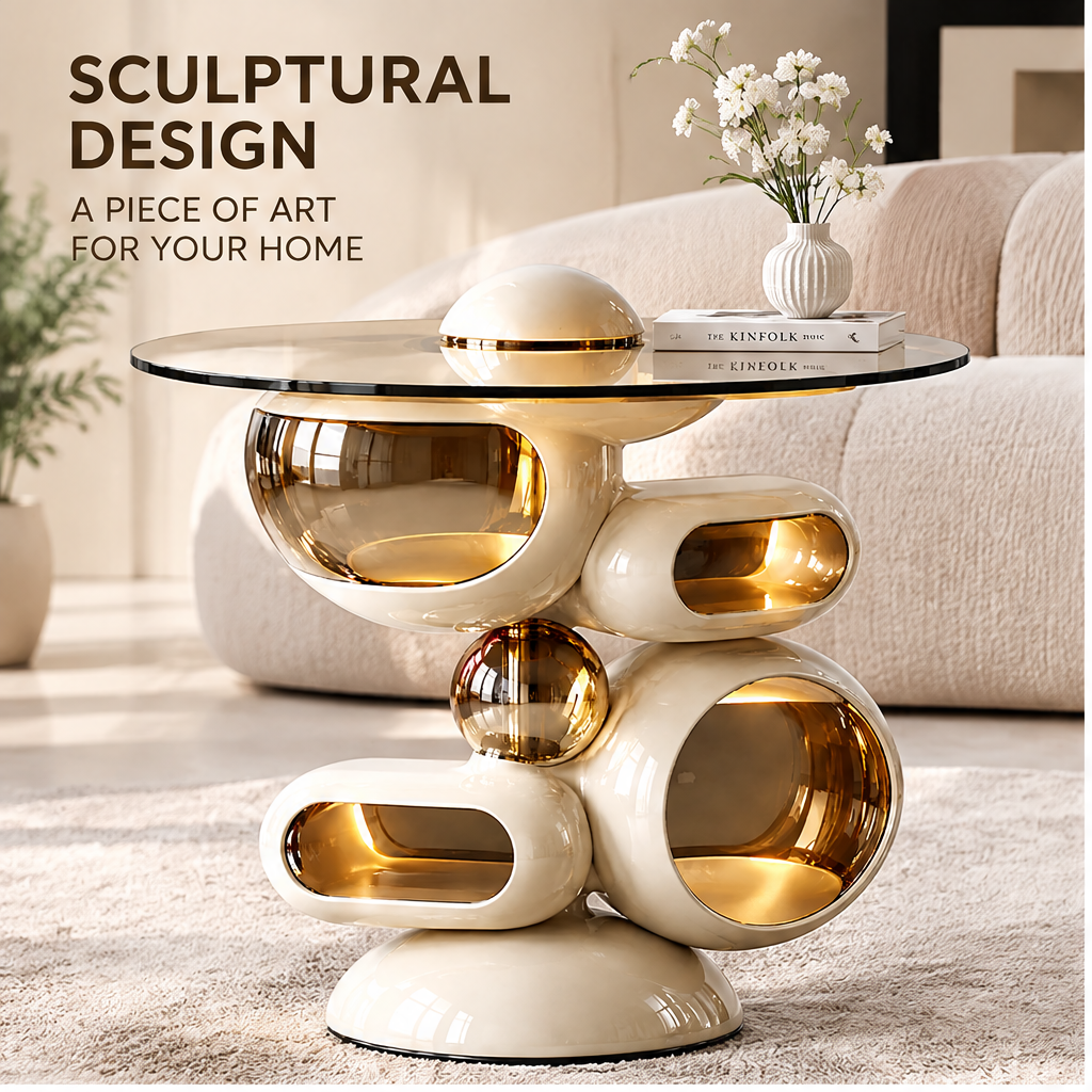 domivov® Ivory Sculptural Round Glass-Top Side Table