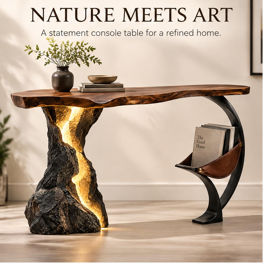 domivov® Live-Edge Wood Console Table with Stone Base