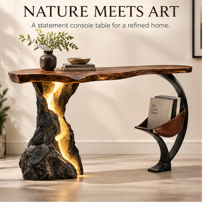 domivov® Live-Edge Wood Console Table with Stone Base