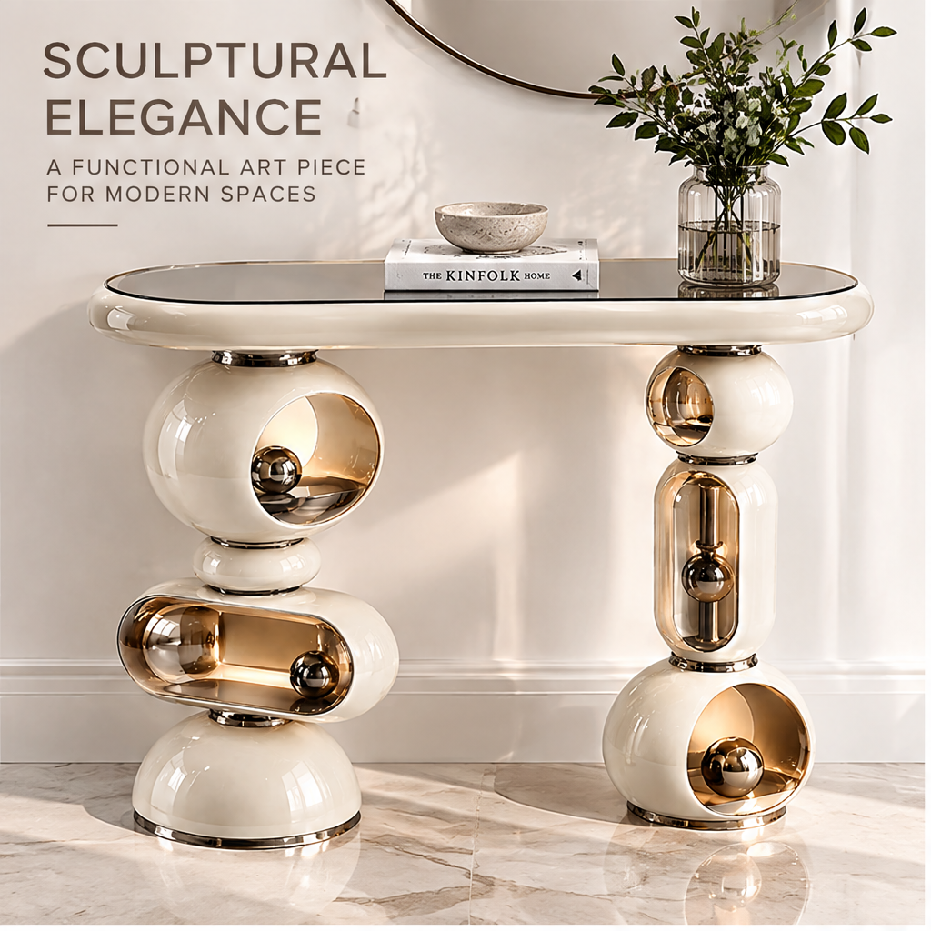 domivov® Ivory Sculptural Glass-Top Console Table