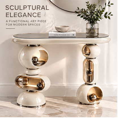 domivov® Ivory Sculptural Glass-Top Console Table