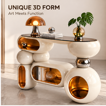 domivov® Ivory Sculptural Glass-Top Console Table