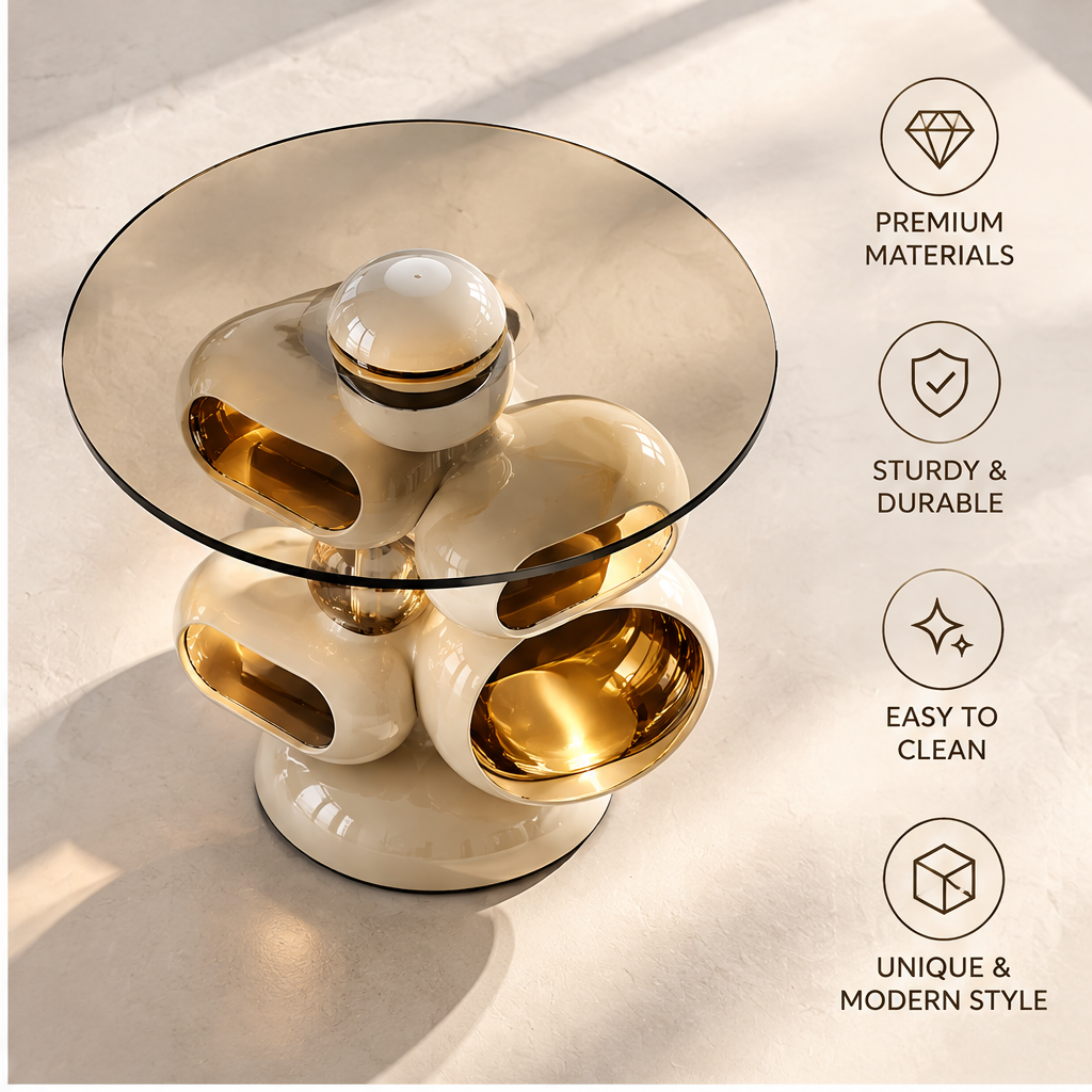 domivov® Ivory Sculptural Round Glass-Top Side Table