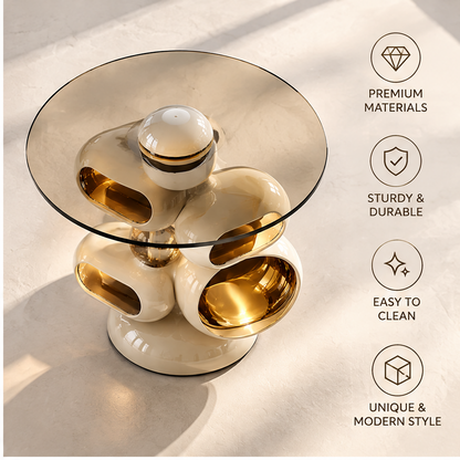 domivov® Ivory Sculptural Round Glass-Top Side Table