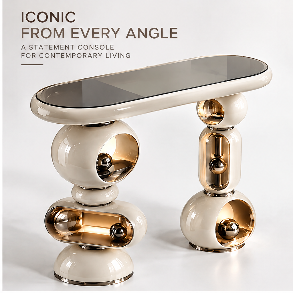 domivov® Ivory Sculptural Glass-Top Console Table