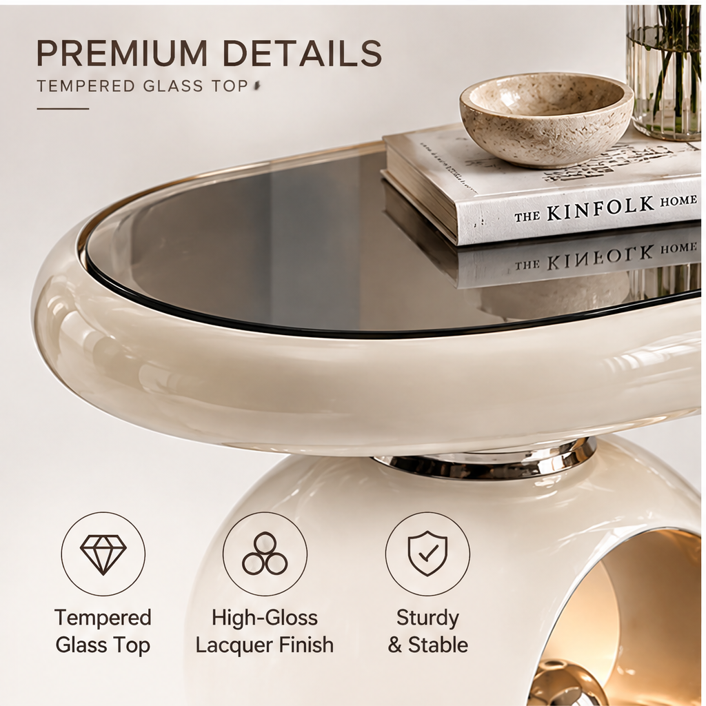 domivov® Ivory Sculptural Glass-Top Console Table