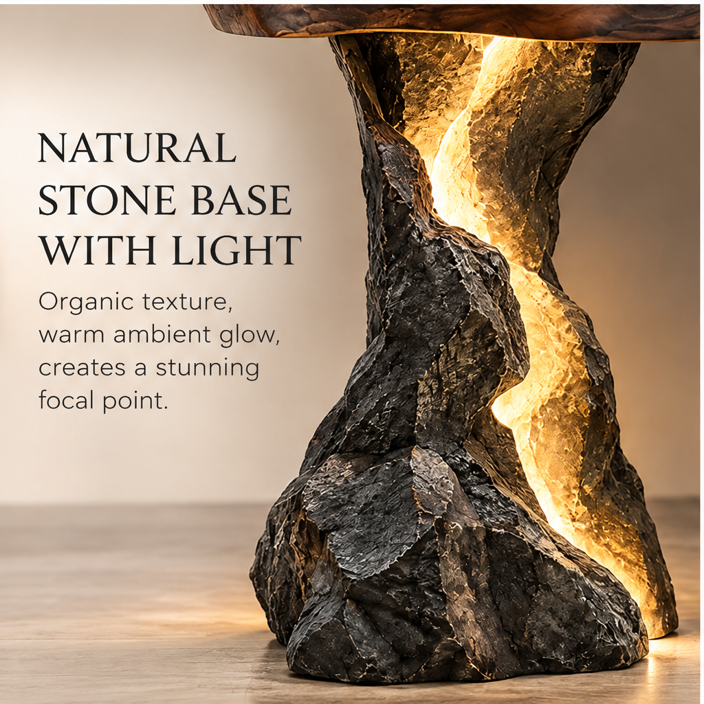 domivov® Live-Edge Wood Console Table with Stone Base