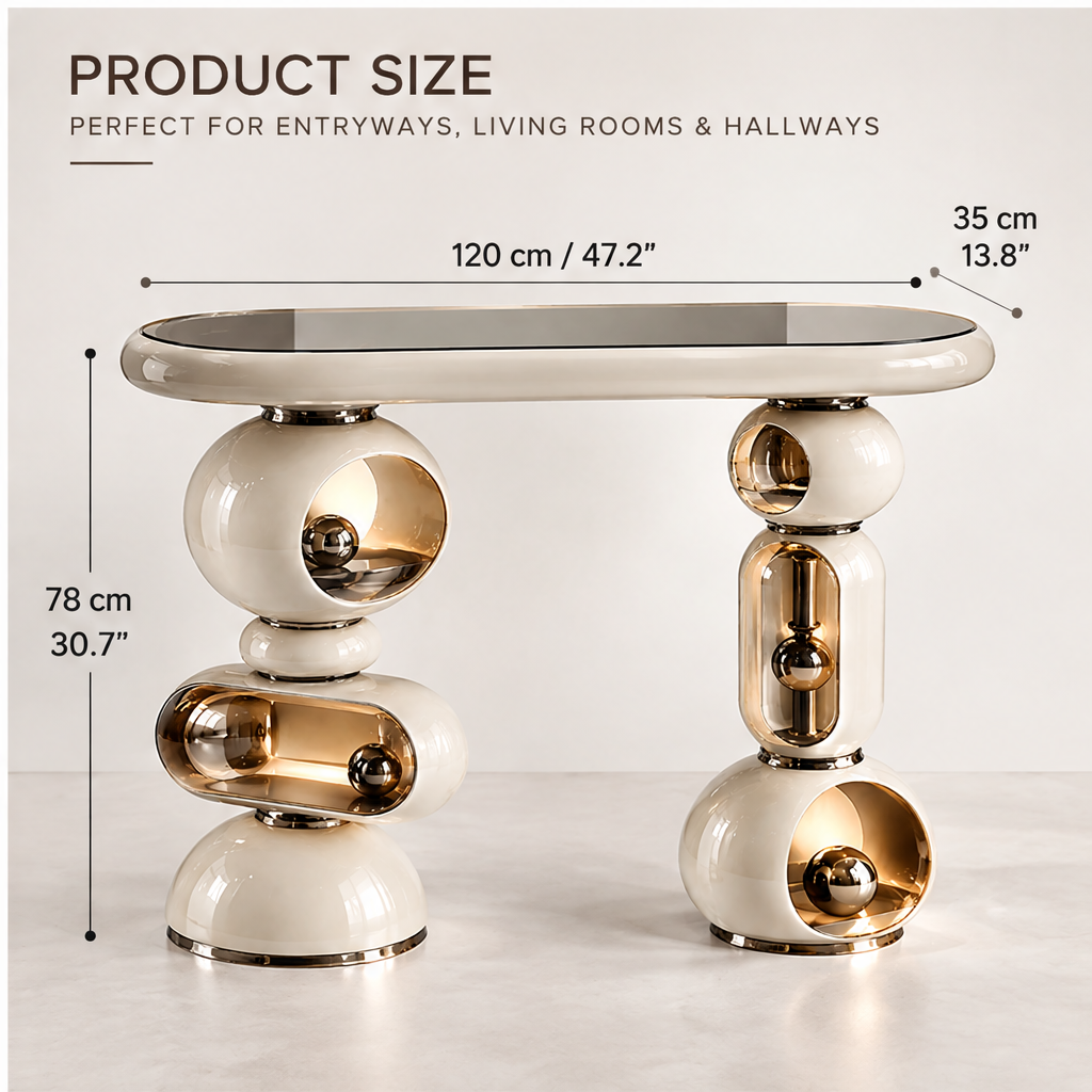 domivov® Ivory Sculptural Glass-Top Console Table