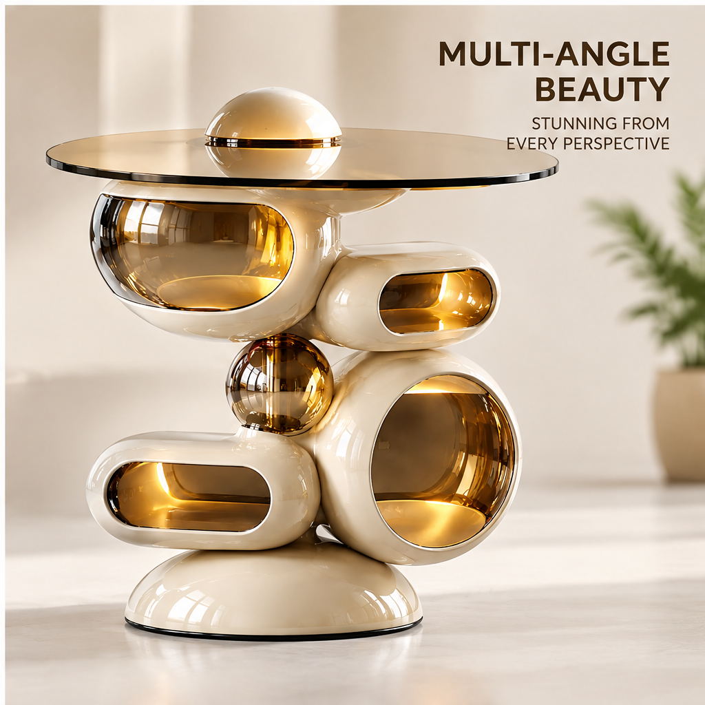 domivov® Ivory Sculptural Round Glass-Top Side Table