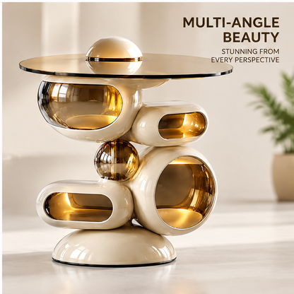 domivov® Ivory Sculptural Round Glass-Top Side Table