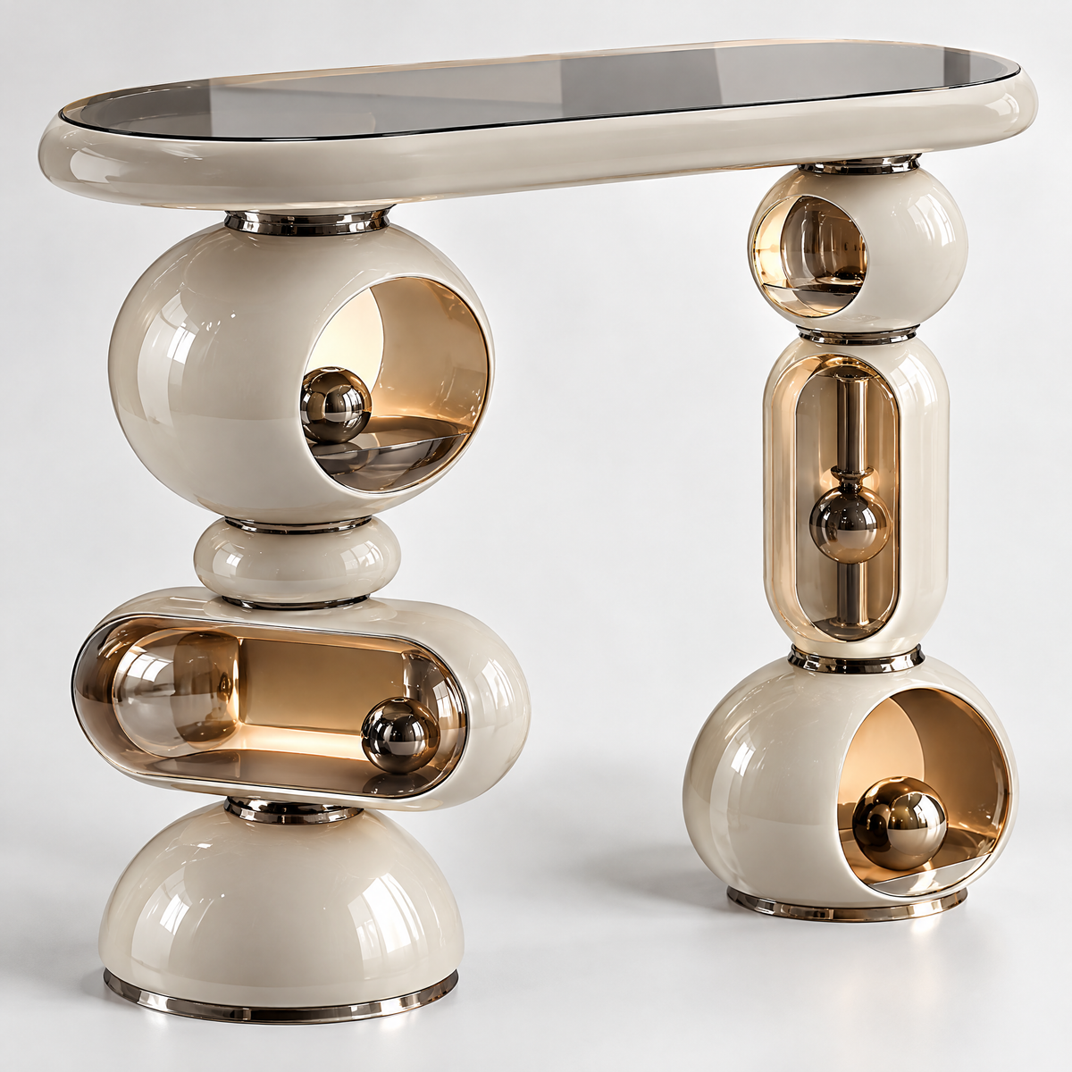 domivov® Ivory Sculptural Glass-Top Console Table