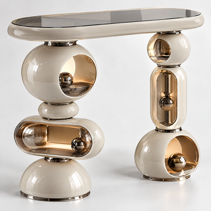domivov® Ivory Sculptural Glass-Top Console Table