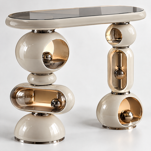 domivov® Ivory Sculptural Glass-Top Console Table