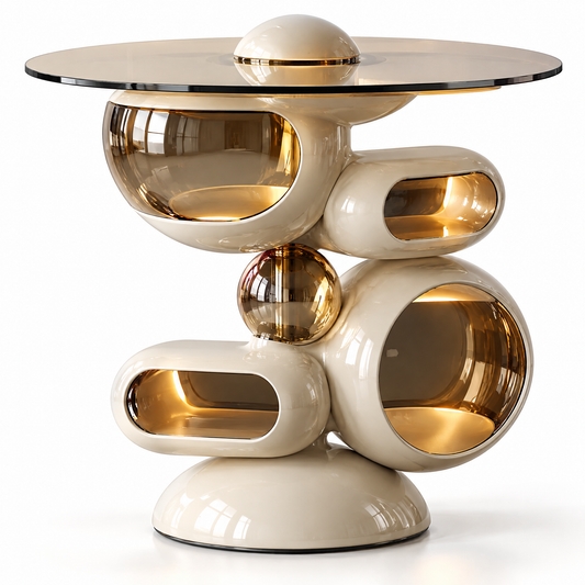 domivov® Ivory Sculptural Round Glass-Top Side Table