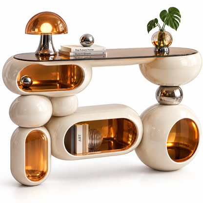 domivov® Ivory Sculptural Glass-Top Console Table
