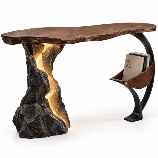 domivov® Live-Edge Wood Console Table with Stone Base